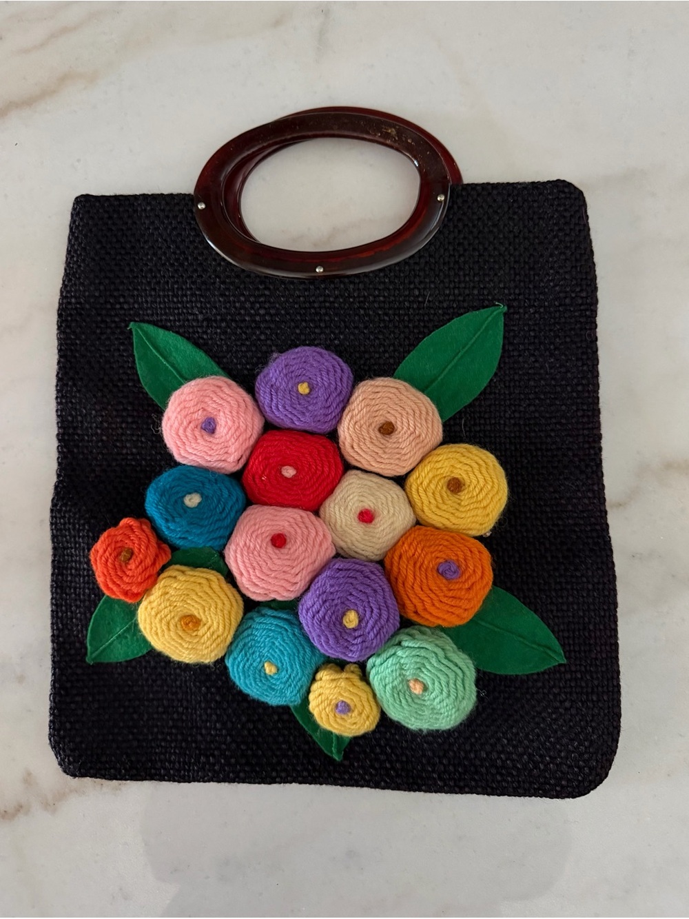 Julius Resnick Tote with Multicolor Flower Appliqués and Wooden Handles